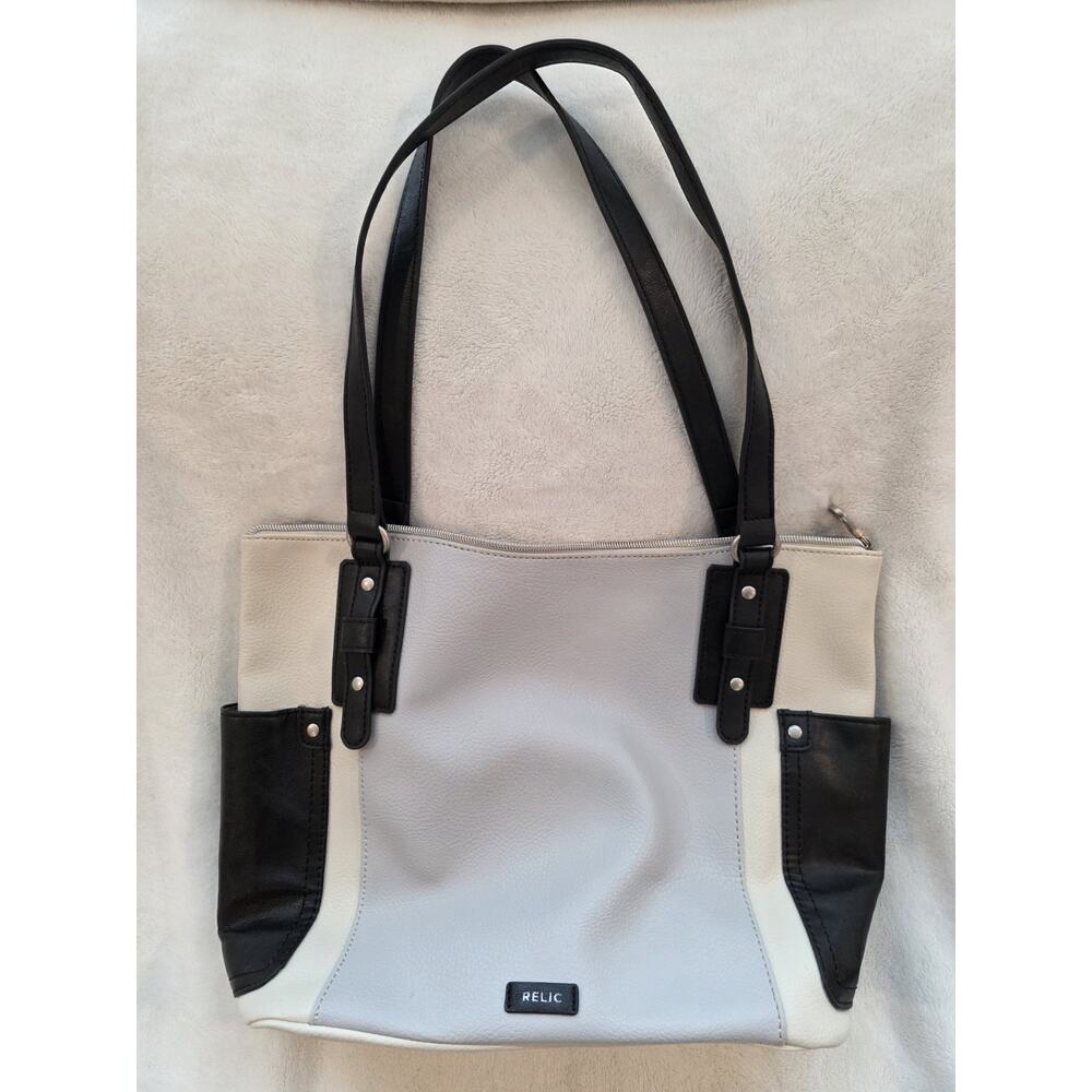 Relic Gray, Cream And Black Colorblock Zipper Shoulder Bag 12"x11"x5"